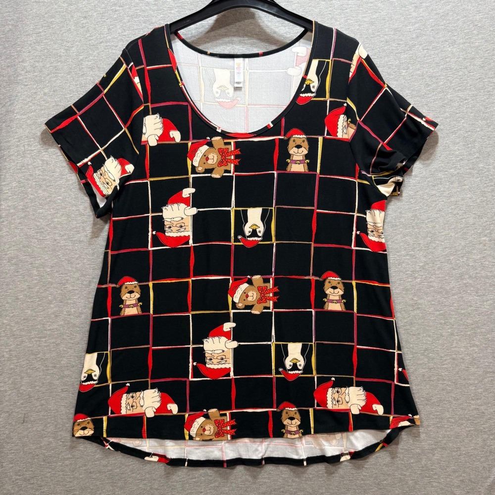LuLaRoe Short Sleeve Top Women 3XL Black Christmas Santa Penguin Holiday Grid